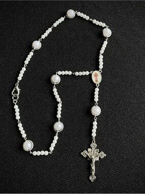 White Beaded Crucifix Rosary Necklace
